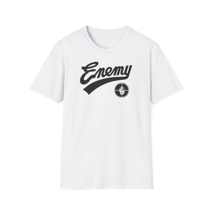 White t-shirt with black "Enemy" logo and a circular target emblem.
