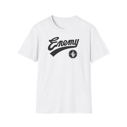 White t-shirt with black "Enemy" logo and a circular target emblem.