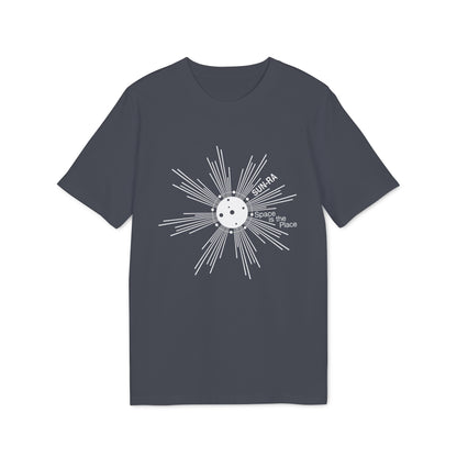 Dark gray t-shirt with white sunburst graphic and text."SUN-RA Space is the Place".