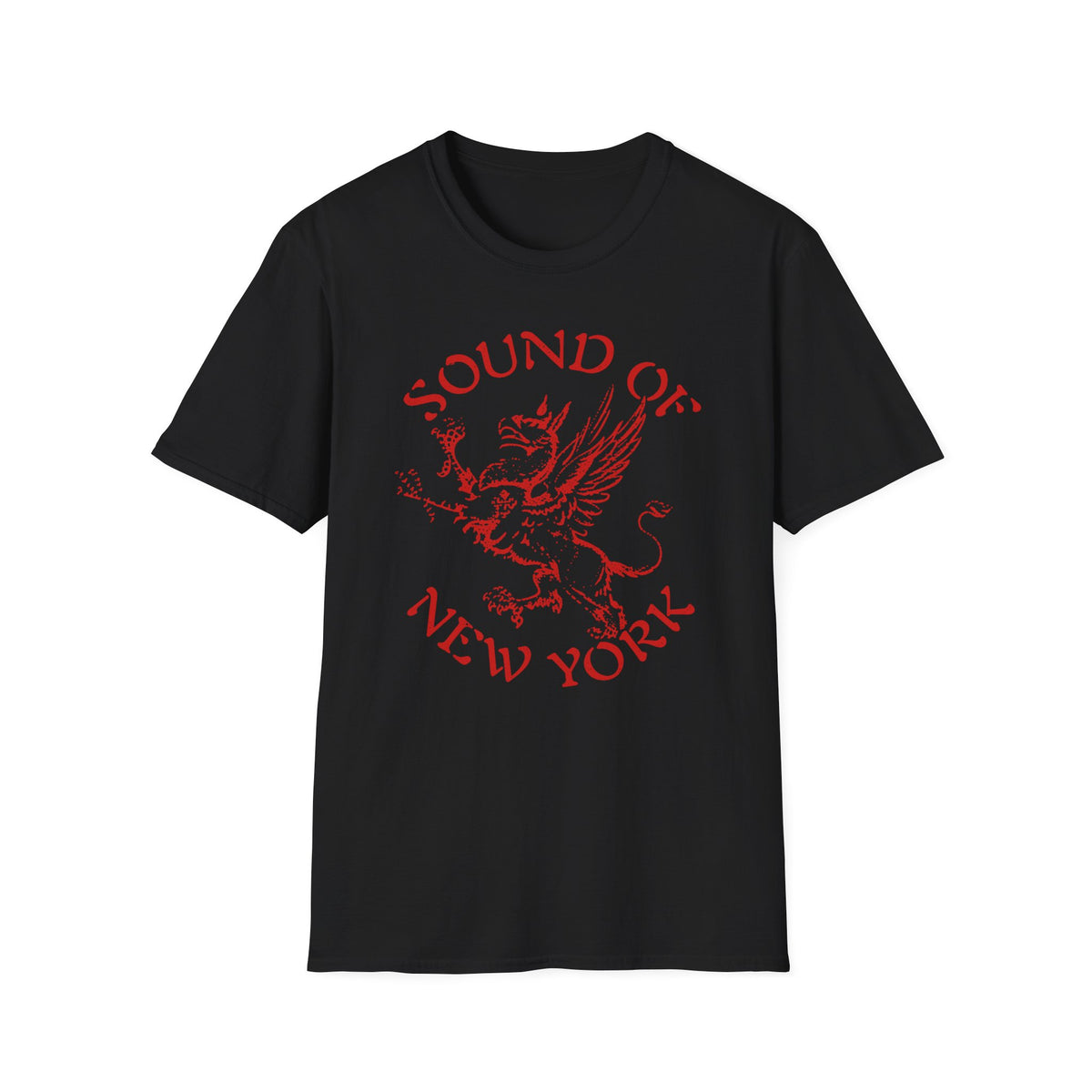 Black t-shirt with red "SOUND OF NEW YORK" text and a griffin emblem.