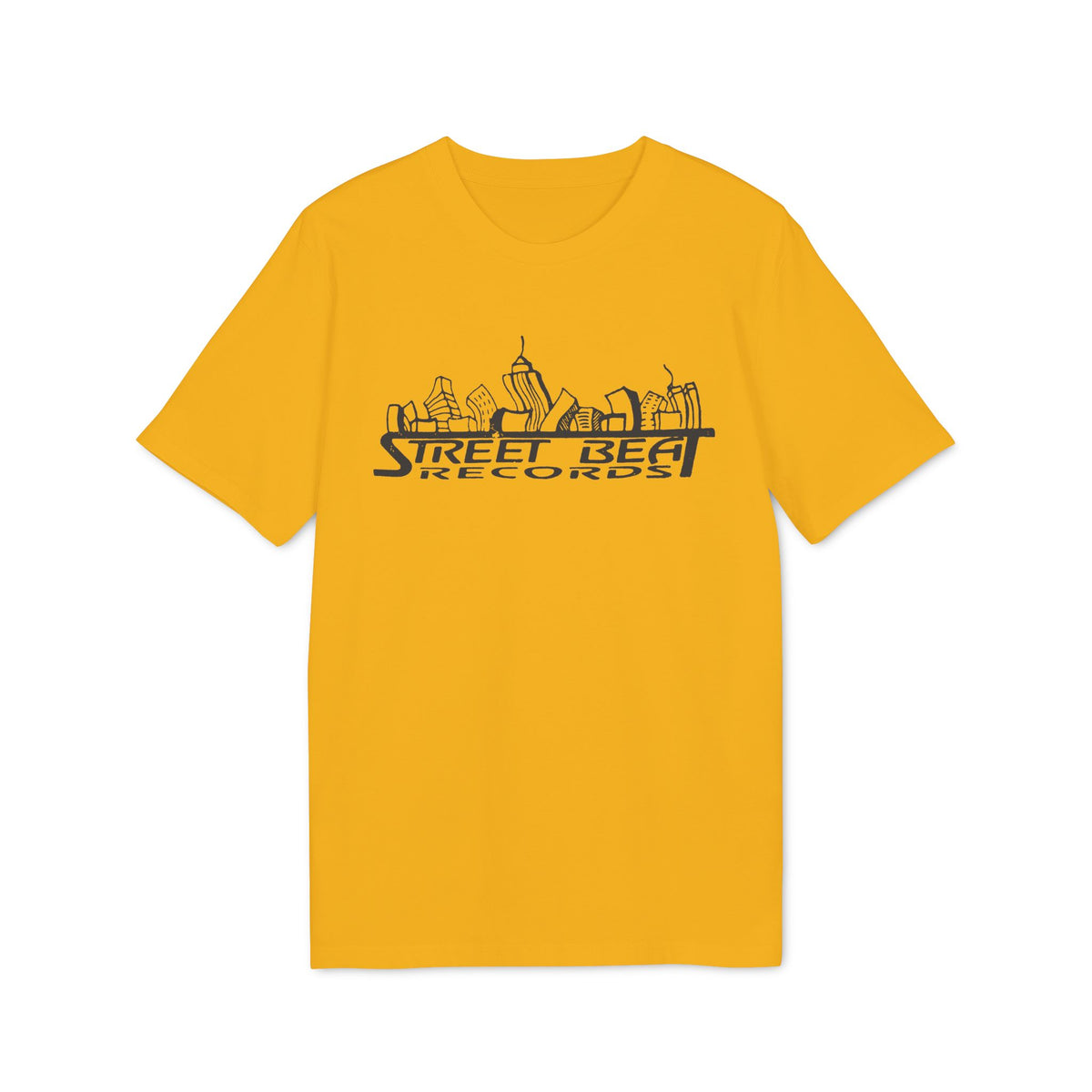 Yellow t-shirt with "Street Beat Records" and city skyline graphic.
