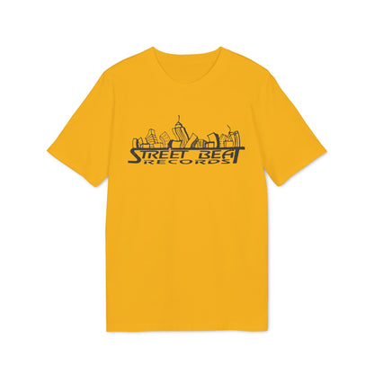 Yellow t-shirt with "Street Beat Records" and city skyline graphic.