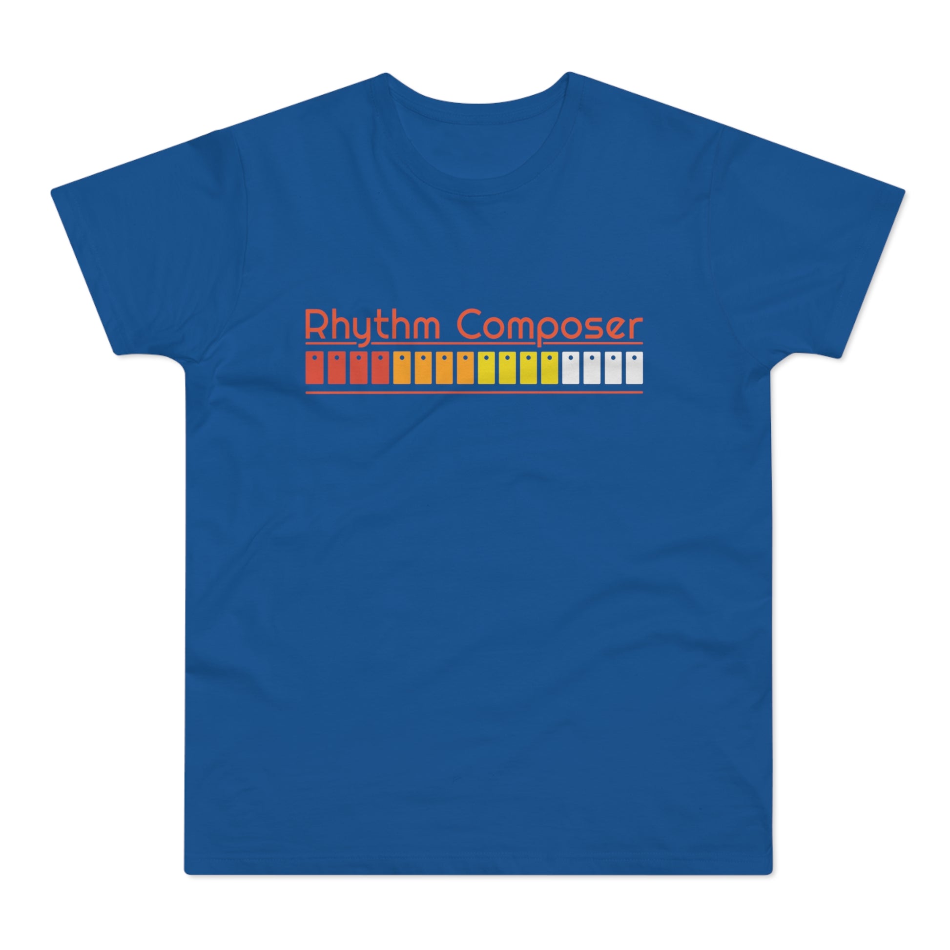 Blue t-shirt with orange text "Rhythm Composer" and a waveform design.