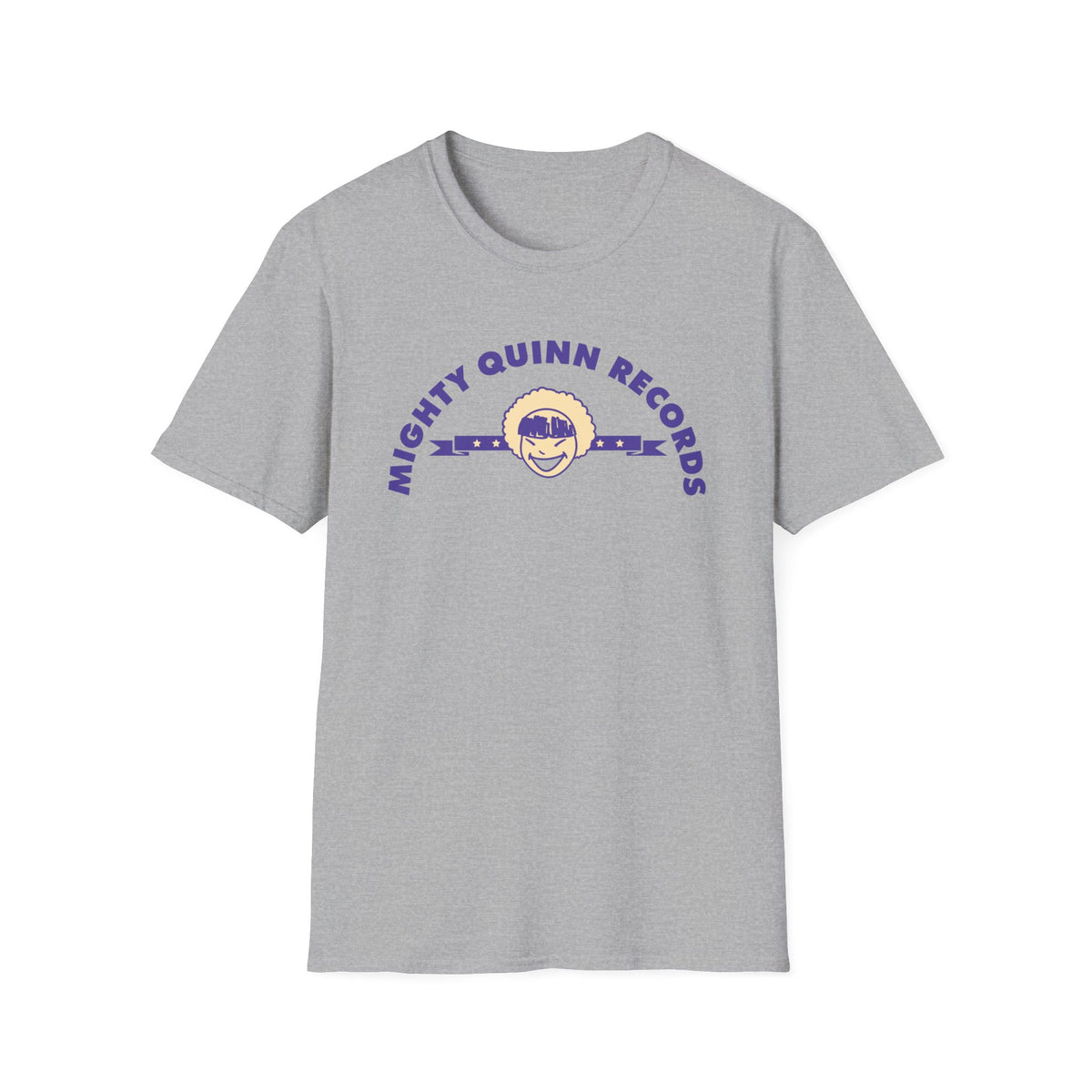 Grey t-shirt with curved text "MIGHTY QUINN RECORDS" and a cartoon face logo.