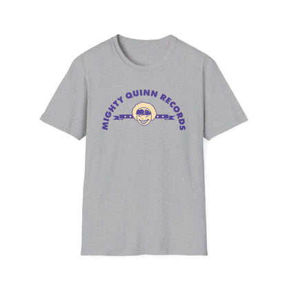 Grey t-shirt with curved text "MIGHTY QUINN RECORDS" and a cartoon face logo.