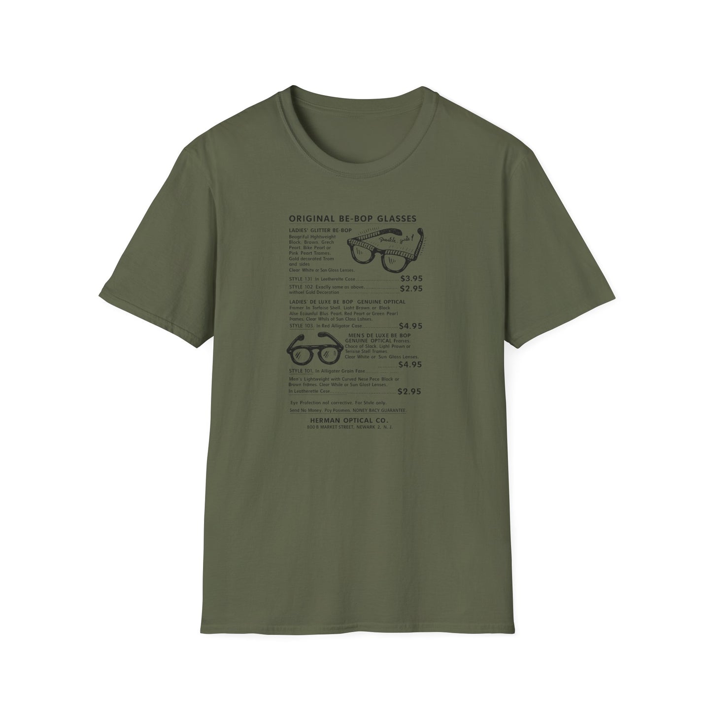T-shirt with print of original be-bop glasses and product details.