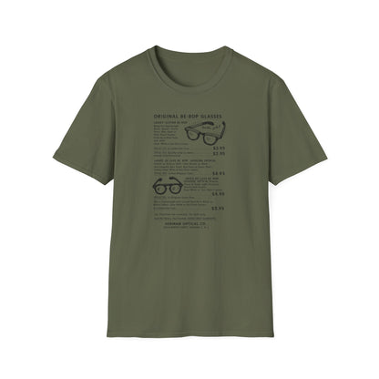 T-shirt with print of original be-bop glasses and product details.
