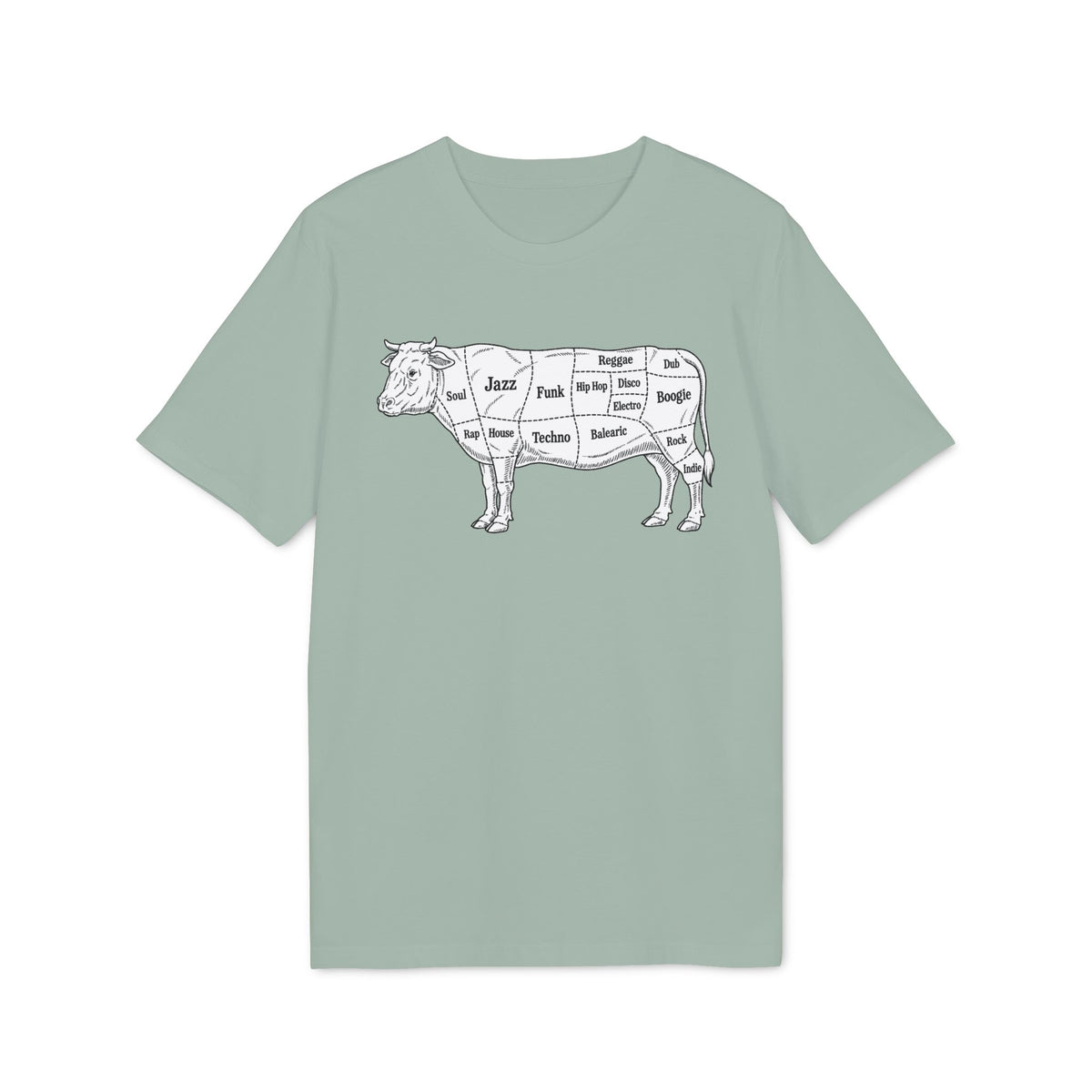 Line drawing of a cow with musical genres labeled on its body.
