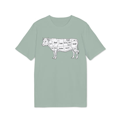 Line drawing of a cow with musical genres labeled on its body.