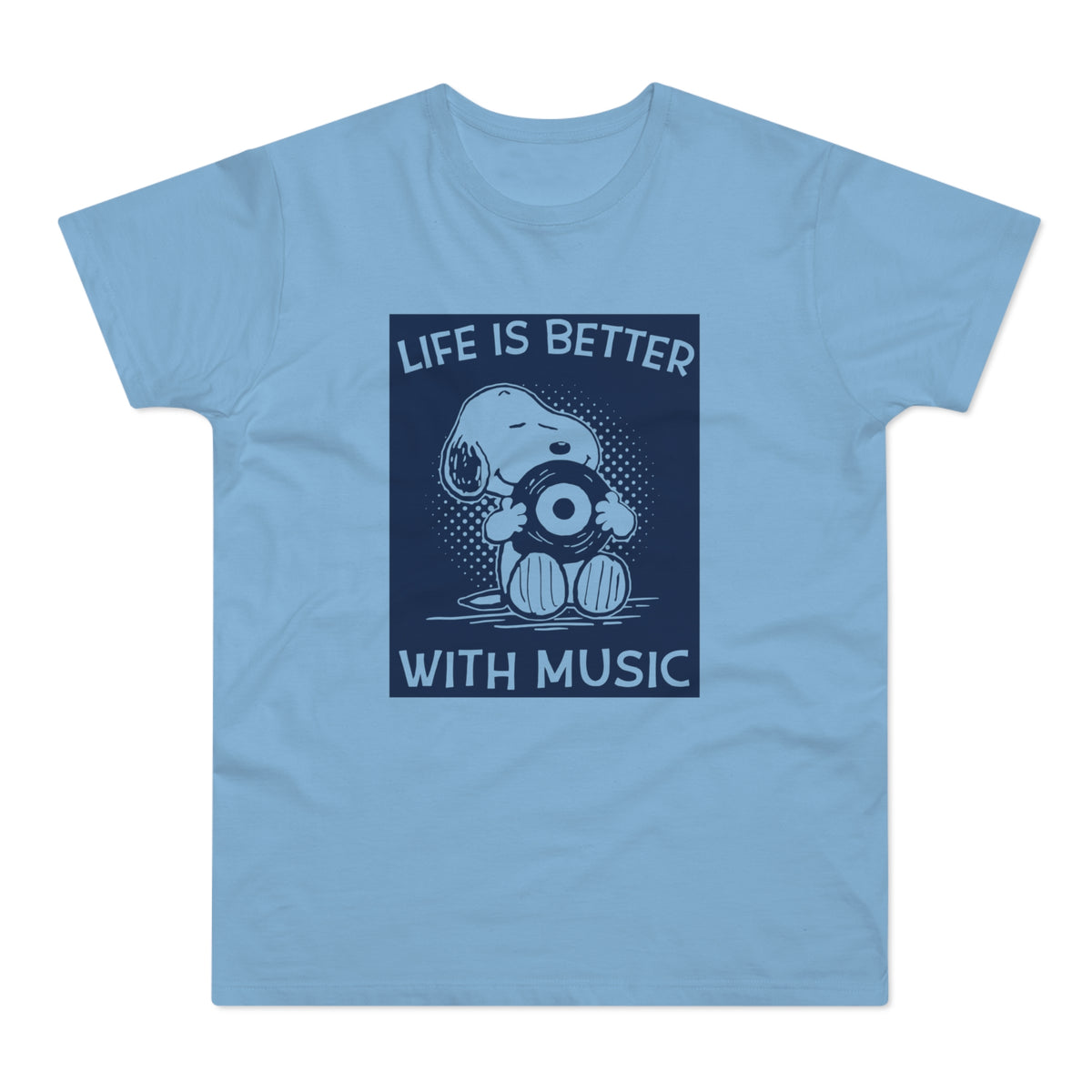 Snoopy holding a record with text "LIFE IS BETTER WITH MUSIC".
