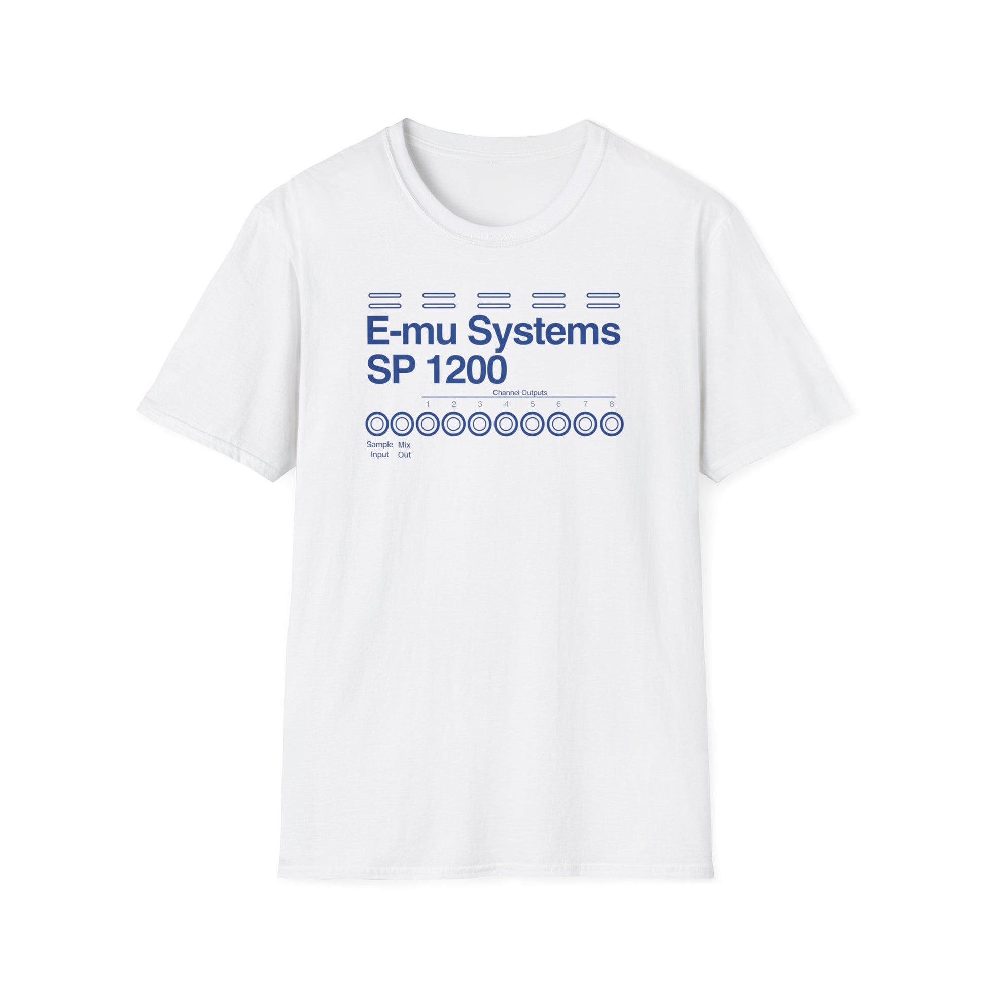 White t-shirt with blue "E-mu Systems SP 1200" text and channel output graphic.