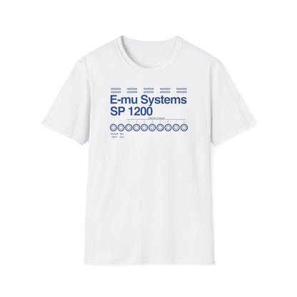 White t-shirt with blue "E-mu Systems SP 1200" text and channel output graphic.
