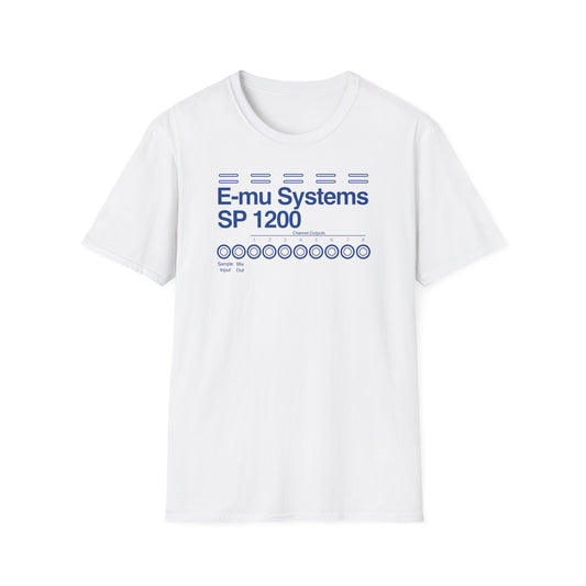 White t-shirt with blue "E-mu Systems SP 1200" text and channel output graphic.