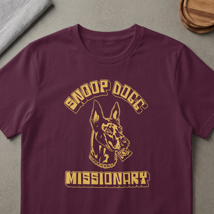 Maroon t-shirt with "Snoop Dogg" and a dog holding a condom, "Missionary" text.