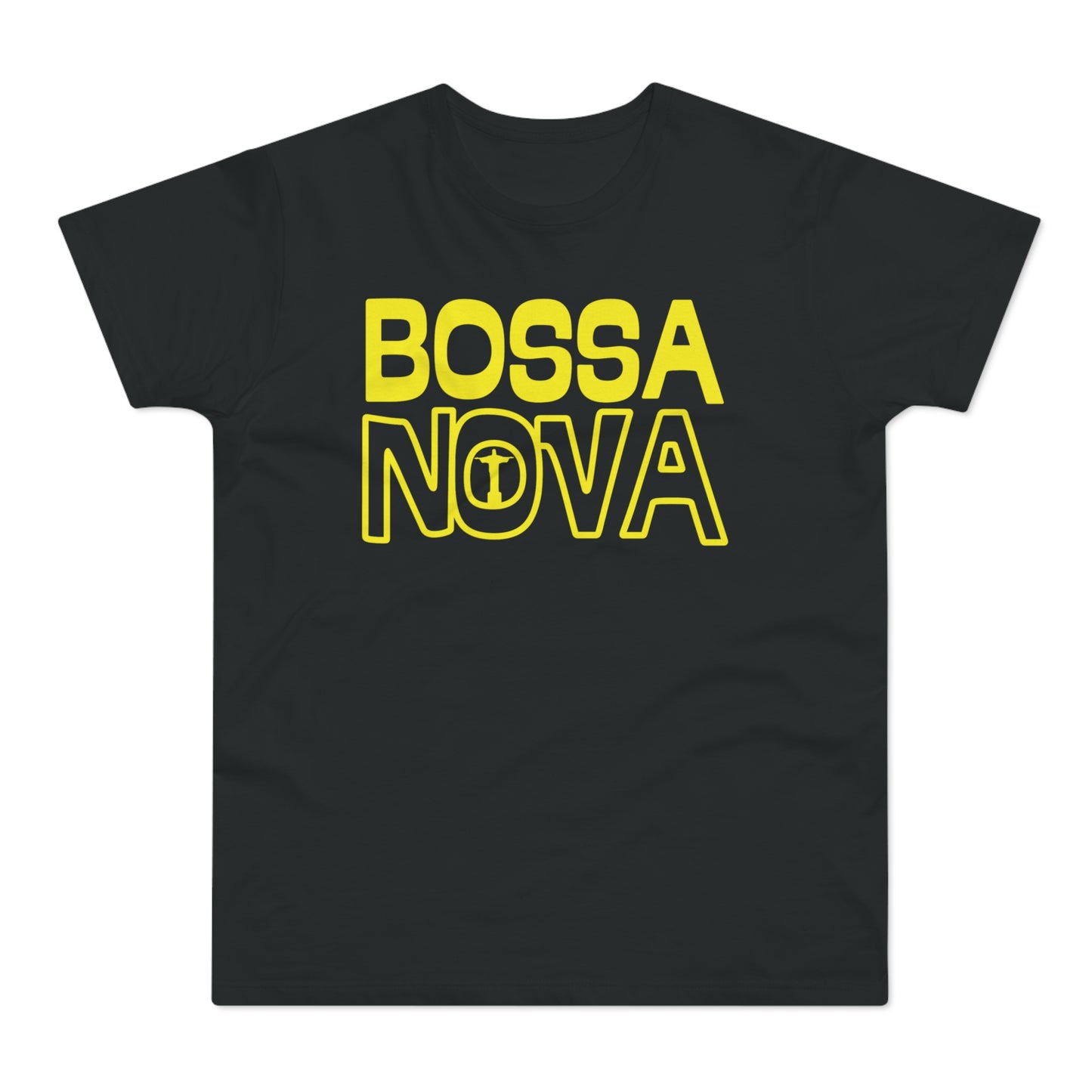 Black t-shirt with yellow "BOSSA NOVA" text and Christ the Redeemer silhouette.