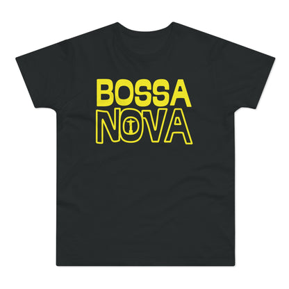 Black t-shirt with yellow "BOSSA NOVA" text and Christ the Redeemer silhouette.