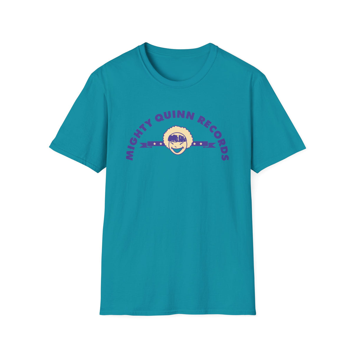 Turquoise t-shirt with purple Mighty Quinn Records logo and smiling character.