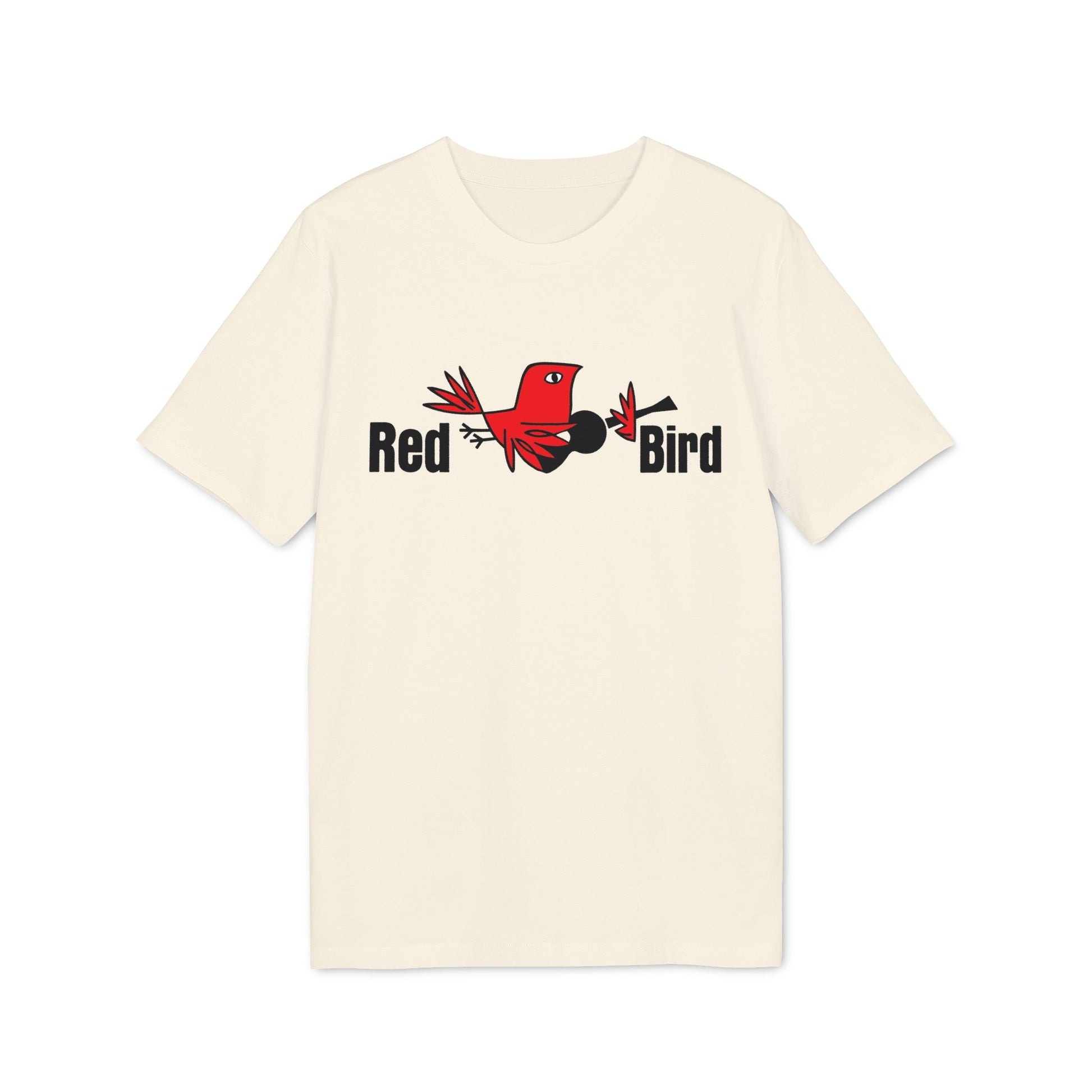Cream t-shirt with "Red Bird" text and a cartoon red bird with a guitar.