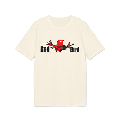 Cream t-shirt with "Red Bird" text and a cartoon red bird with a guitar.