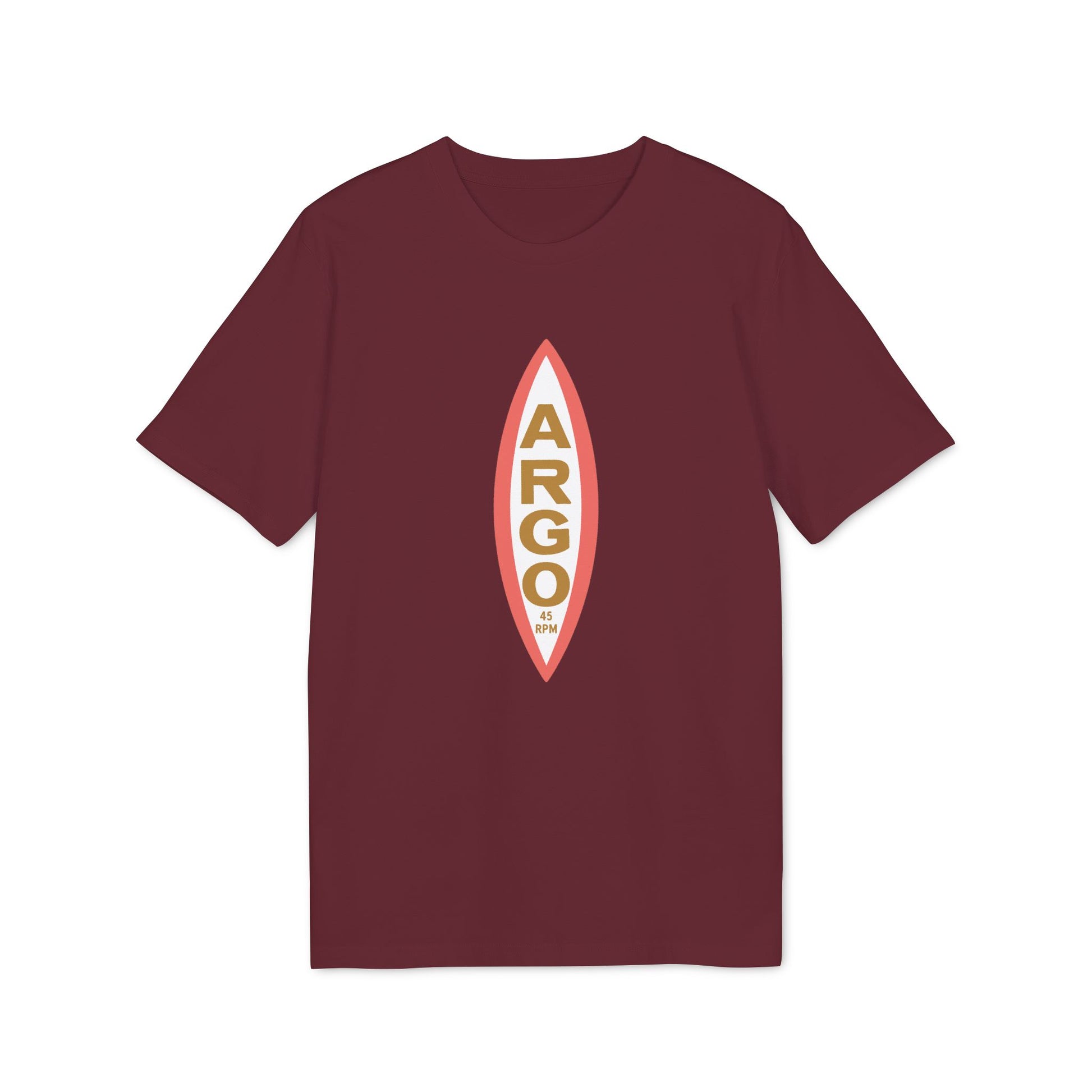 Maroon t-shirt with a vertical oval graphic featuring "ARGO" and "45 RPM".