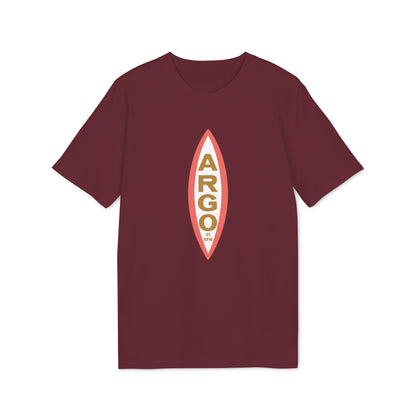 Maroon t-shirt with a vertical oval graphic featuring "ARGO" and "45 RPM".