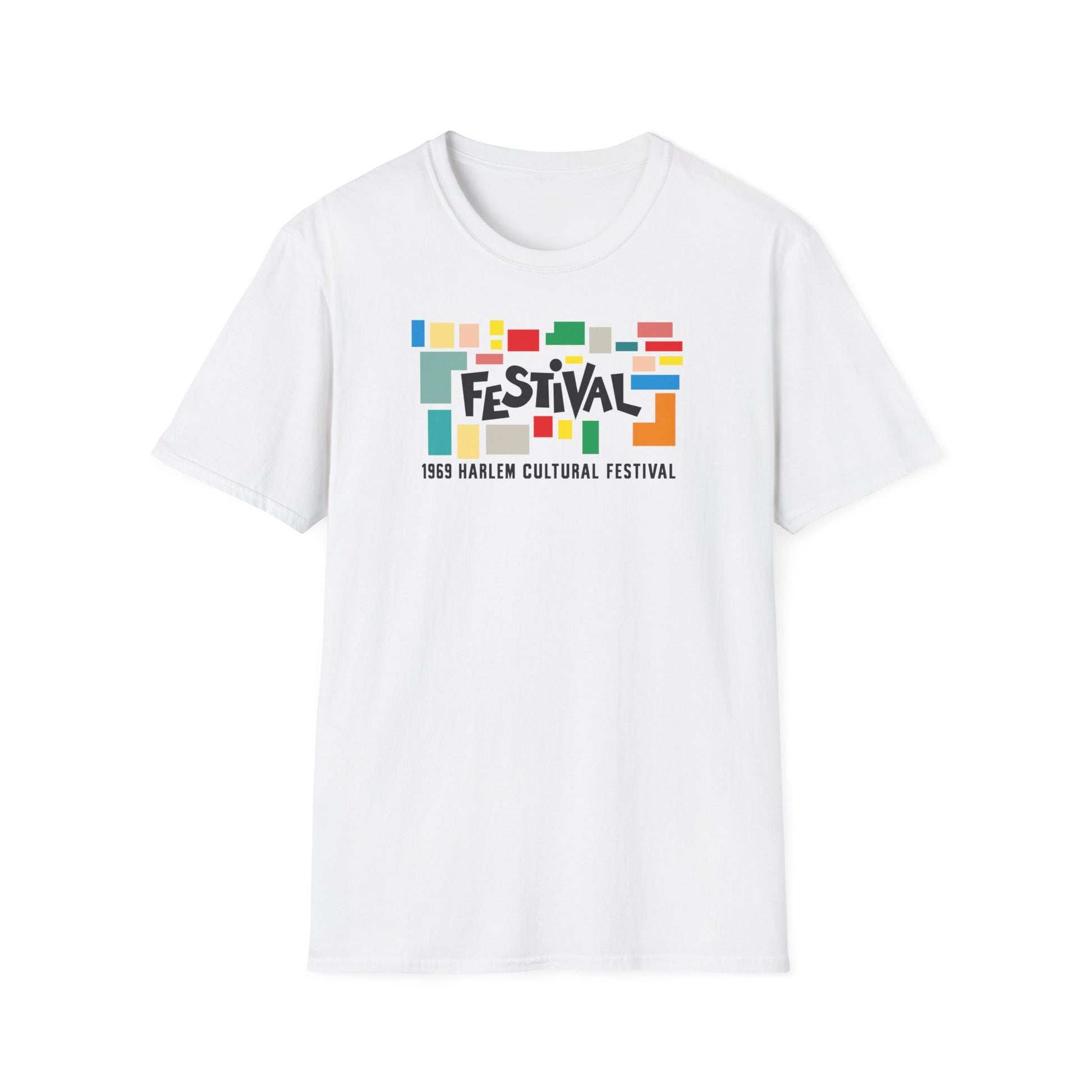 White t-shirt with colorful "Festival" graphic and "1969 Harlem Cultural Festival" text.