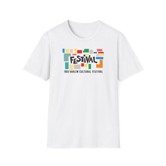 White t-shirt with colorful "Festival" graphic and "1969 Harlem Cultural Festival" text.
