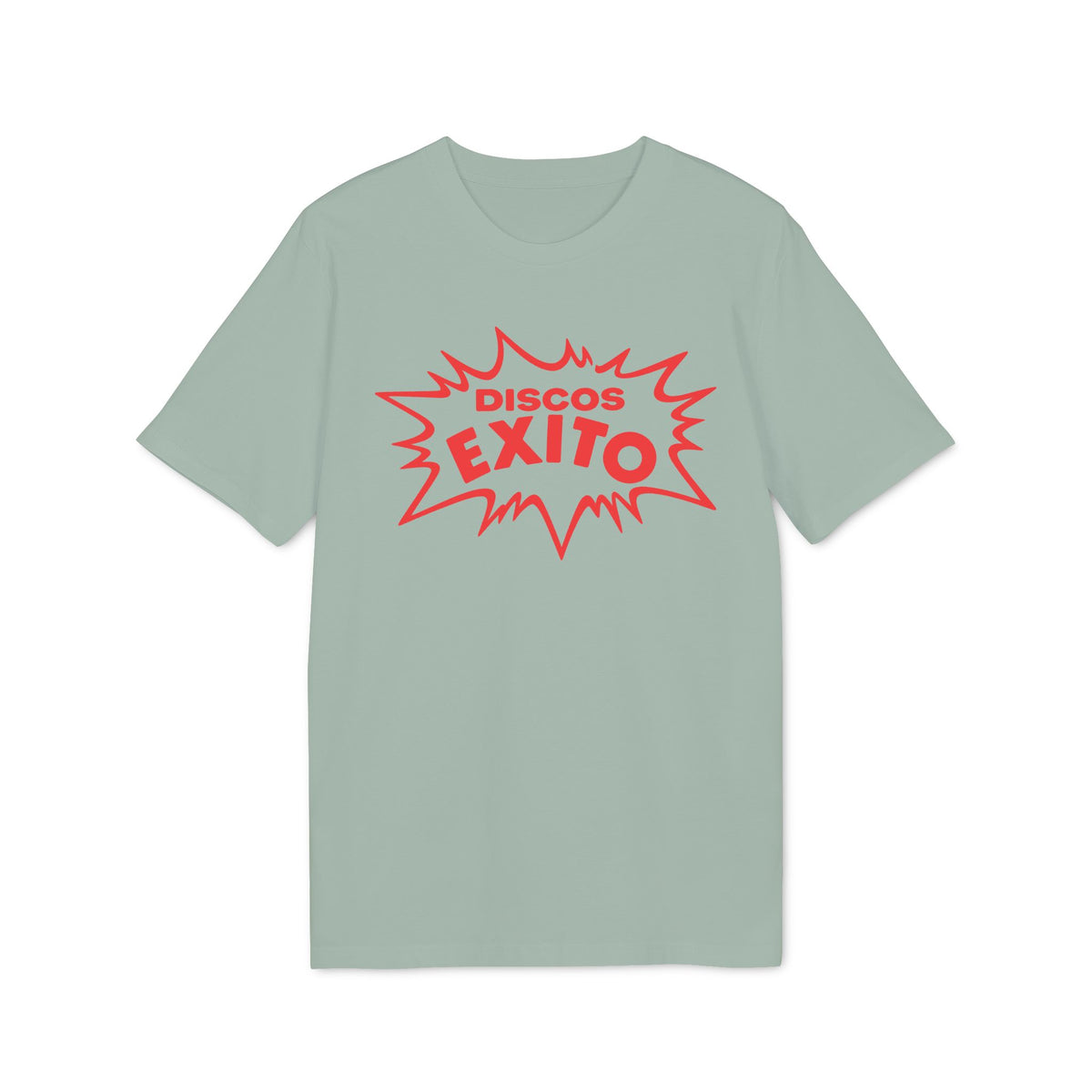 Pale green t-shirt with red "Discos Exito" graphic on the chest.