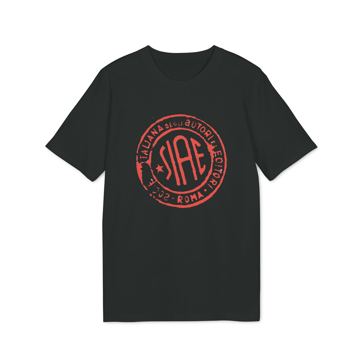 Black t-shirt with circular red SIAE logo featuring text: "Italiana Degli Autori Editori" and "Roma 2002".