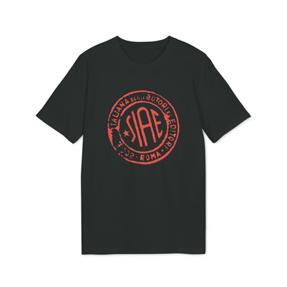 Black t-shirt with circular red SIAE logo featuring text: "Italiana Degli Autori Editori" and "Roma 2002".