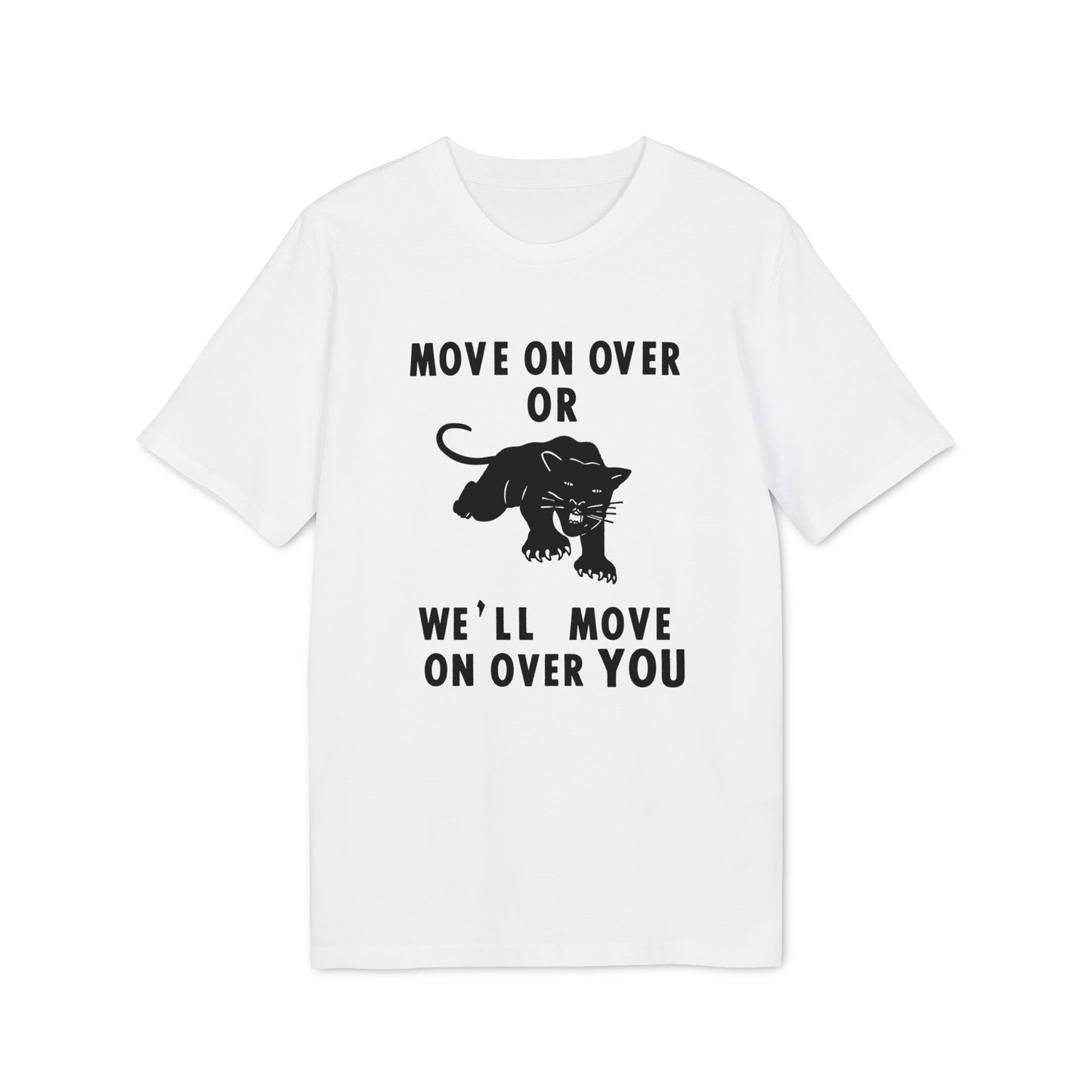White t-shirt with black text and panther graphic.