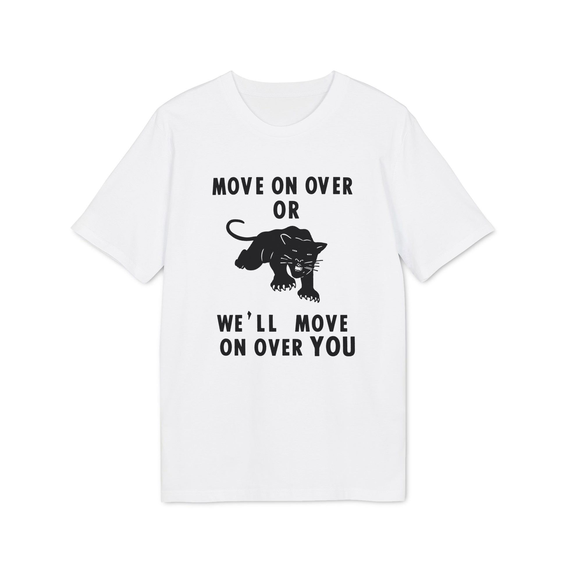 White t-shirt with black text and panther graphic.