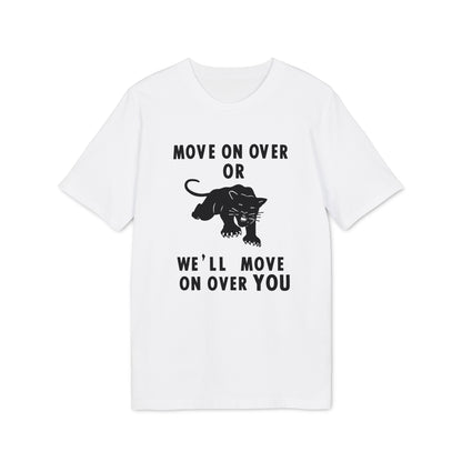 White t-shirt with black text and panther graphic.