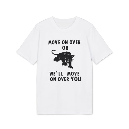 White t-shirt with black text and panther graphic.
