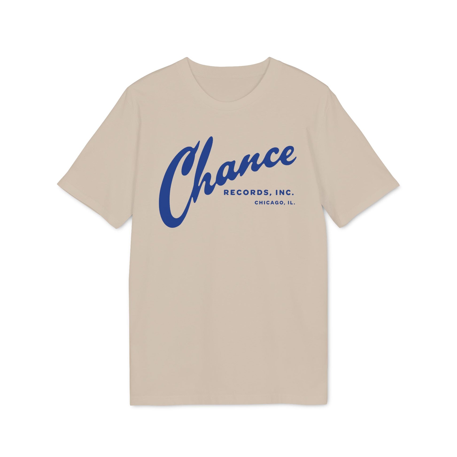 Tan t-shirt with blue "Chance Records, Inc. Chicago, IL." text