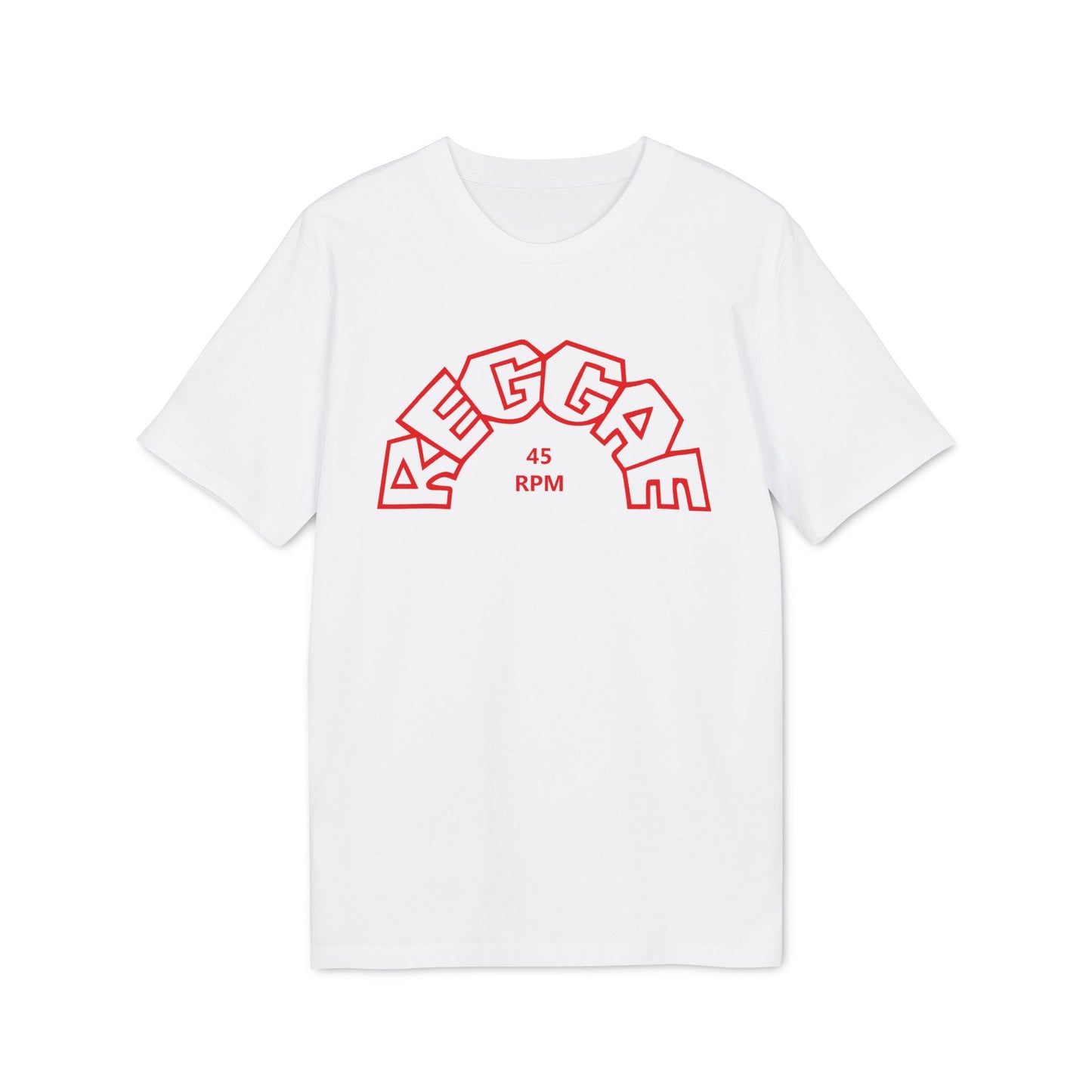 White t-shirt with red "REGGAE 45 RPM" text and graphics.