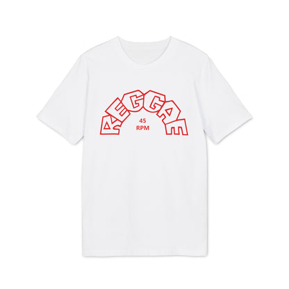 White t-shirt with red "REGGAE 45 RPM" text and graphics.