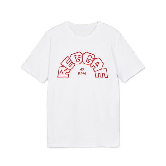 White t-shirt with red "REGGAE 45 RPM" text and graphics.