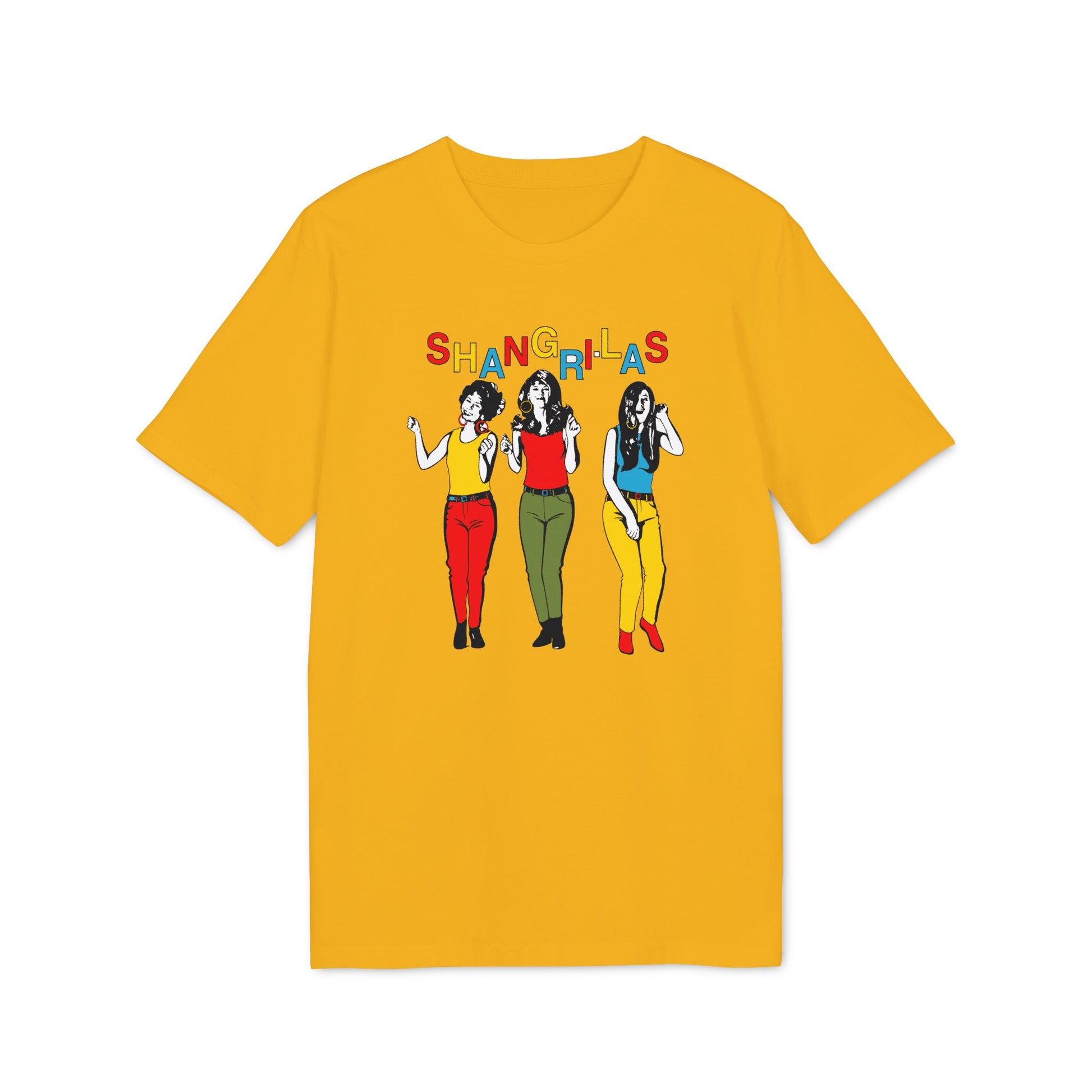Yellow t-shirt with colorful "SHANGRI-LAS" text and three cartoon women.