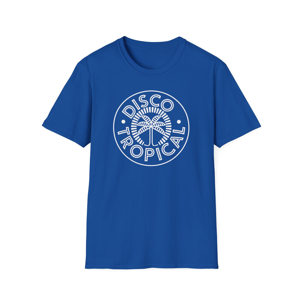 Blue t-shirt with white "Disco Tropical" circular logo featuring a palm tree.