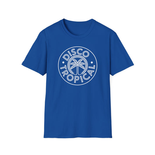 Blue t-shirt with white "Disco Tropical" circular logo featuring a palm tree.