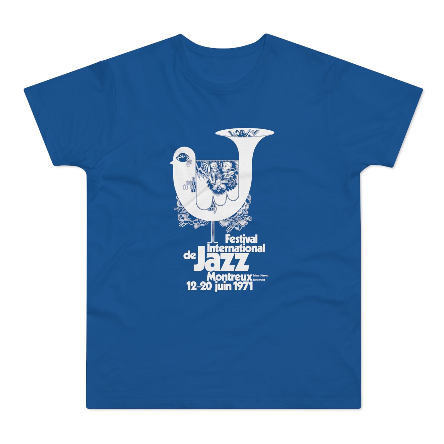 Festival International de Jazz Montreux 1971 poster design on a blue t-shirt.