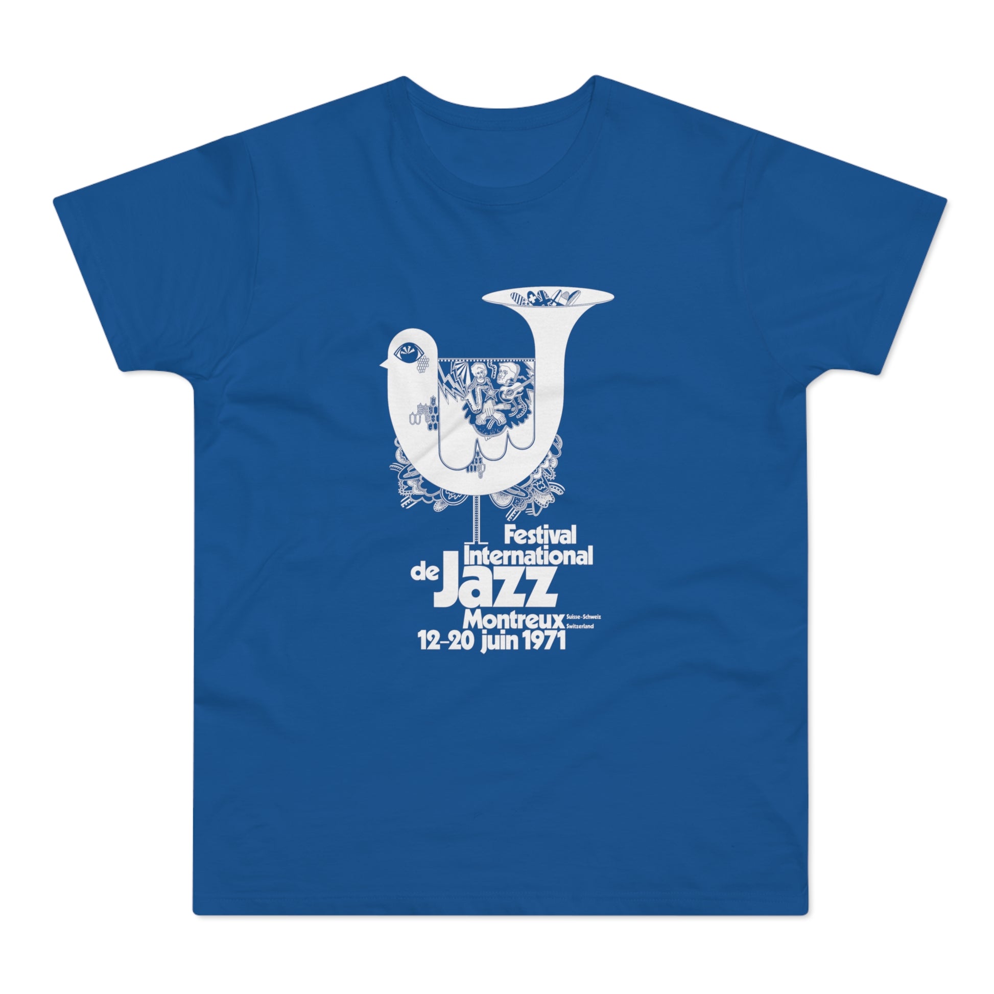 Festival International de Jazz Montreux 1971 poster design on a blue t-shirt.