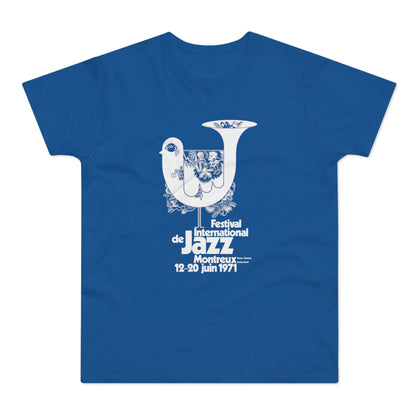 Festival International de Jazz Montreux 1971 poster design on a blue t-shirt.