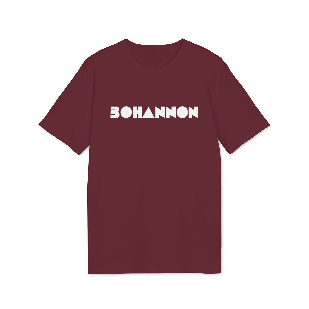 Maroon t-shirt with white "BOHANNON" text in geometric font.