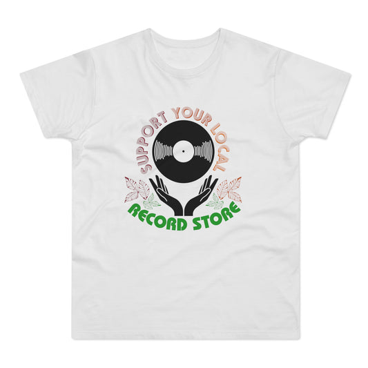White t-shirt with "Support Your Local Record Store" graphic and vinyl record.