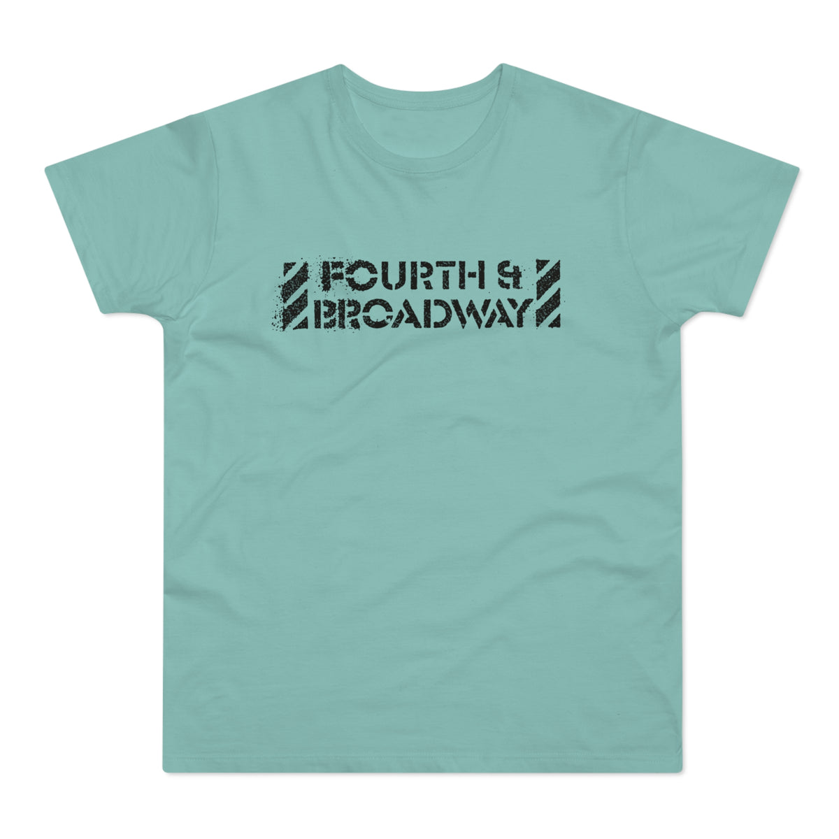 Teal t-shirt with black distressed text reading "FOURTH & BROADWAY".