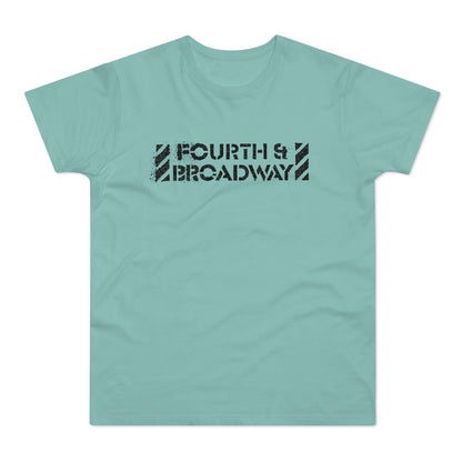 Teal t-shirt with black distressed text reading "FOURTH & BROADWAY".