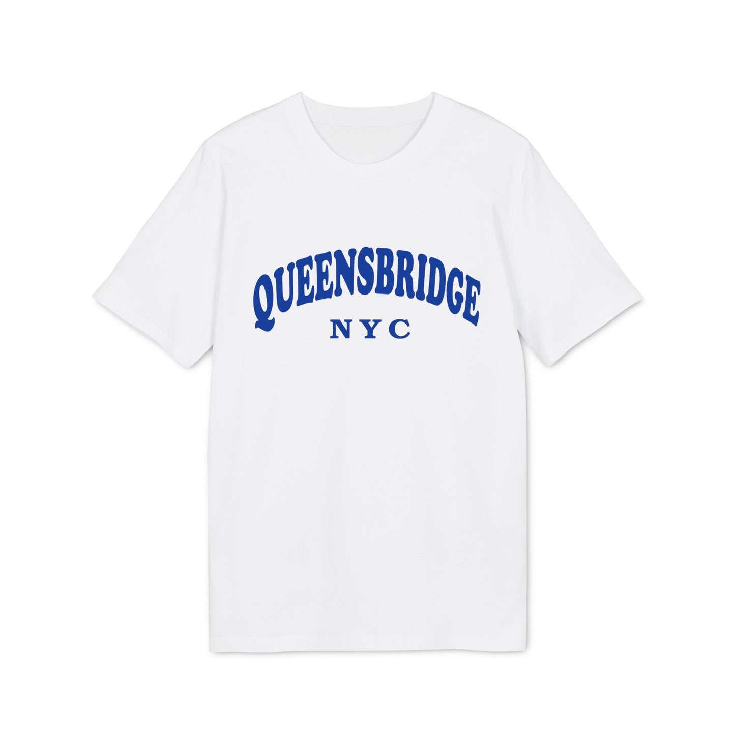 White t-shirt with blue "QUEENSBRIDGE NYC" text arched across the chest.
