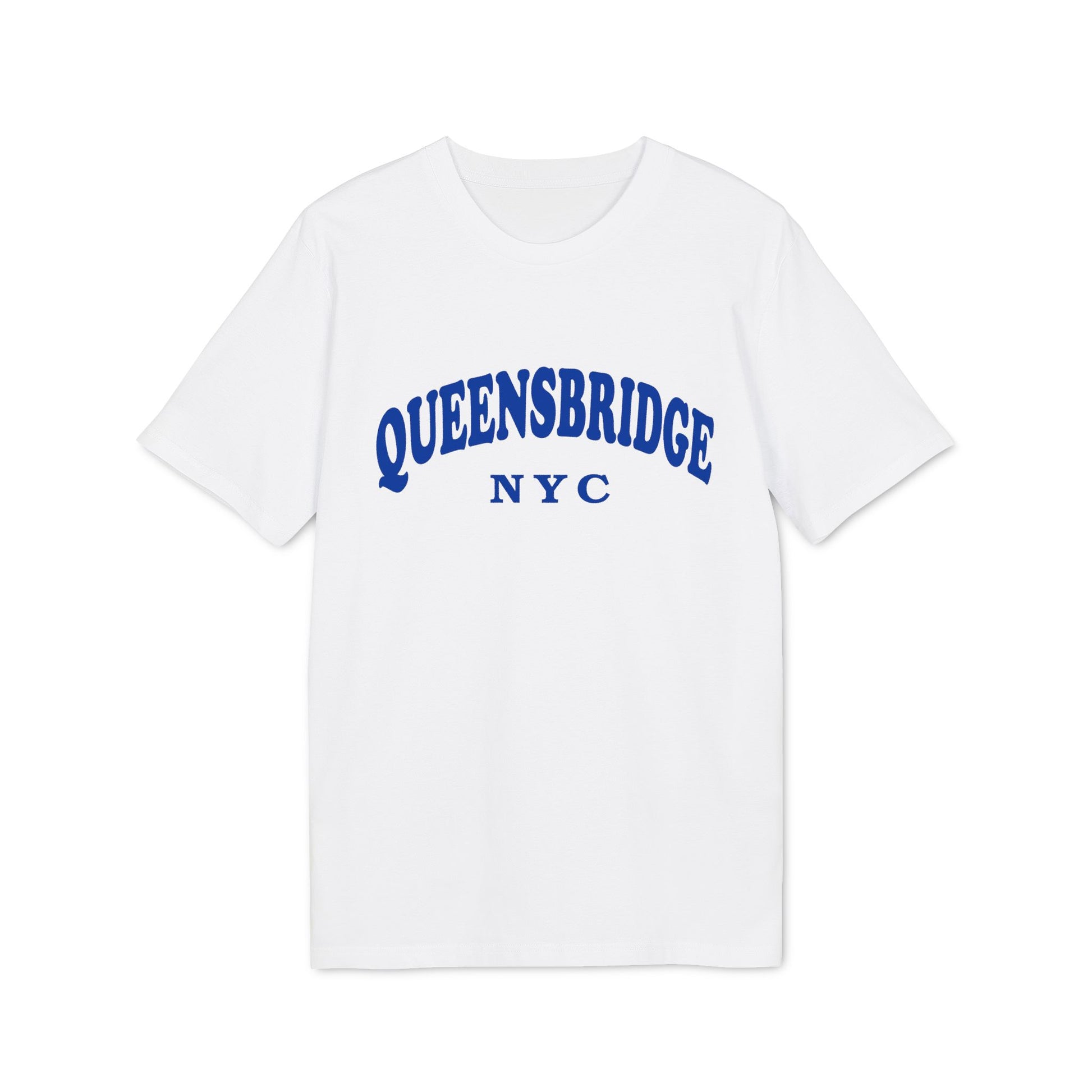 White t-shirt with blue "QUEENSBRIDGE NYC" text arched across the chest.